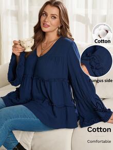 Rosumi Plus Size French Pleated Long Sleeve Frill Trim Patchwork Blouse Autumn Clothes For Women Winter Clothes Fall Winter 2026 - Blue - View 1