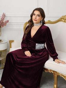 Modelyn Vestido de línea A con cuello en V, manga larga, fruncido y decoración de perlas de terciopelo elegante, adecuado para primavera y otoño, talla grande - Burdeos - Ver 4