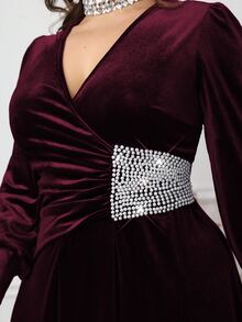 Modelyn Vestido de línea A con cuello en V, manga larga, fruncido y decoración de perlas de terciopelo elegante, adecuado para primavera y otoño, talla grande - Burdeos - Ver 5