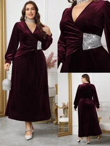 Modelyn Vestido de línea A con cuello en V, manga larga, fruncido y decoración de perlas de terciopelo elegante, adecuado para primavera y otoño, talla grande - Burdeos - Ver 3