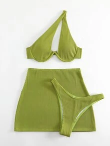 SHEIN Swim Summer Beach Rib Underwire Bikini Set With Beach Skirt - Lime Green - View 5