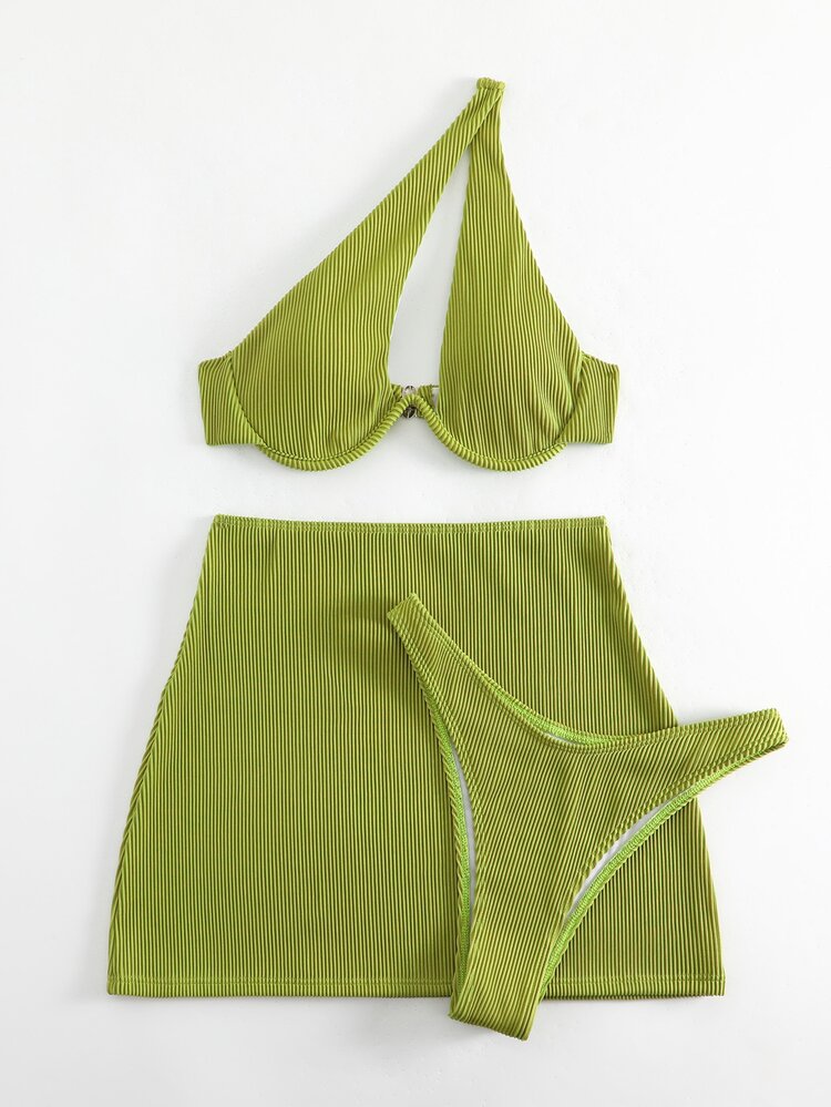 SHEIN Swim Summer Beach Rib Underwire Bikini Set With Beach Skirt - Lime Green - View 4