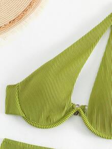 SHEIN Swim Summer Beach Rib Underwire Bikini Set With Beach Skirt - Lime Green - View 8