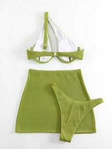 SHEIN Swim Summer Beach Rib Underwire Bikini Set With Beach Skirt - Lime Green - View 3