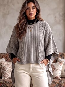 Ceyna Plus Size Women's Fashion Cable Rope Grey Crew Neck Poncho Sweater Pullover Casual Smart Loose Cape Outerwear Top For Autumn/Winter Formal Holiday - Khaki - View 4