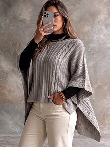 Ceyna Plus Size Women's Fashion Cable Rope Grey Crew Neck Poncho Sweater Pullover Casual Smart Loose Cape Outerwear Top For Autumn/Winter Formal Holiday - Khaki - View 5