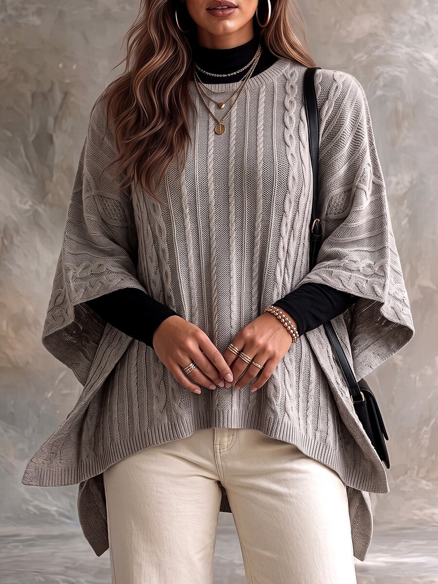 Ceyna Plus Size Women's Fashion Cable Rope Grey Crew Neck Poncho Sweater Pullover Casual Smart Loose Cape Outerwear Top For Autumn/Winter Formal Holiday - Khaki - View 1
