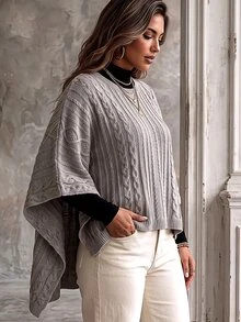 Ceyna Plus Size Women's Fashion Cable Rope Grey Crew Neck Poncho Sweater Pullover Casual Smart Loose Cape Outerwear Top For Autumn/Winter Formal Holiday - Khaki - View 6
