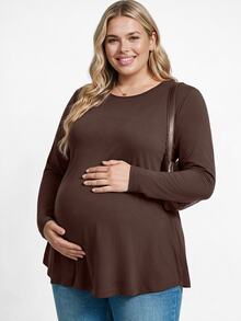 Plussiva Plus Size Maternity Solid Color Versatile Long Sleeve Top, Simple Everyday Ladies Winter Housecoat Fall Photoshoot Brown Spotty Casual Loose Fit Baggy - Brown - View 2