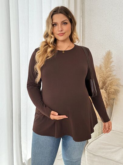 Plussiva Plus Size Maternity Solid Color Versatile Long Sleeve Top, Simple Everyday