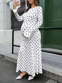 Lyckli Elegant Polka Dot Print Maternity Dress For Autumn Fall - White - View 4