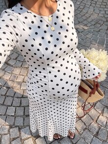 Lyckli Elegant Polka Dot Print Maternity Dress For Autumn Fall - White - View 1