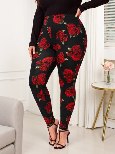 Reflora Plus Allover Floral Print Leggings,Elegant Versatile Casual Wear Black Autumn Boho Everyday Pants For Women Plus Size,Valentine's Day Date Party