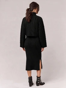 Freevana 女款高領披肩袖上衣純色開衩下擺裙毛衣兩件套 辦公室黑色秋季休閒優雅 - 黑色 - 查看 2
