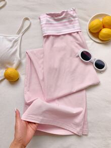 Comfortcana Women's Waist Patchwork Striped Folded Loose Casual Pants - Pink - View 7