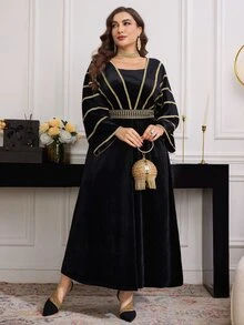 Modelyn Elegant Velvet Gold Floral Lace Trim Batwing Sleeve A-Line Plus Size Midi Dress, Suitable For Spring & Autumn - Black - View 1