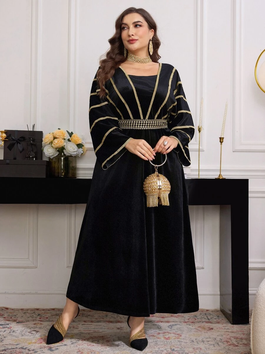 Modelyn Elegant Velvet Gold Floral Lace Trim Batwing Sleeve A-Line Plus Size Midi Dress, Suitable For Spring & Autumn - Black - View 1