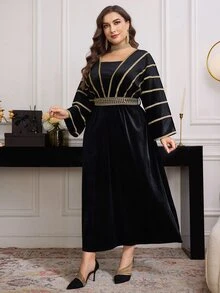 Modelyn Elegant Velvet Gold Floral Lace Trim Batwing Sleeve A-Line Plus Size Midi Dress, Suitable For Spring & Autumn - Black - View 3