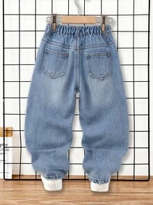 Genkimix Kids 男童牛仔長褲，復古懷舊水洗淺藍色，無彈力面料，經典腰頭鈕扣設計，磨損褪色，彎曲腿型，冬季 - 中等水洗藍 - 查看 2
