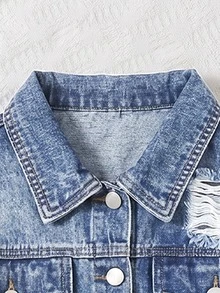 Teen Girls Y2K Matrix Fashion Retro Snow Wash Distressed Denim Jacket, Casual Versatile Turn-Down Collar Asymmetrical Raw Hem Cropped Long Sleeve Blue - Light Wash - View 5
