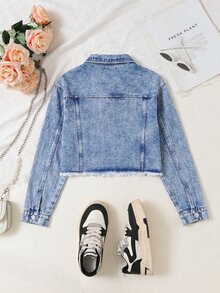 Teen Girls Y2K Matrix Fashion Retro Snow Wash Distressed Denim Jacket, Casual Versatile Turn-Down Collar Asymmetrical Raw Hem Cropped Long Sleeve Blue - Light Wash - View 3