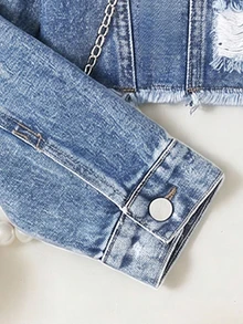 Teen Girls Y2K Matrix Fashion Retro Snow Wash Distressed Denim Jacket, Casual Versatile Turn-Down Collar Asymmetrical Raw Hem Cropped Long Sleeve Blue - Light Wash - View 7