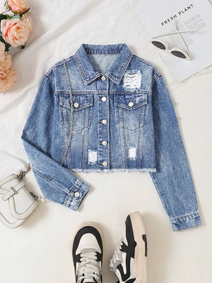 Teen Girls Y2K Matrix Fashion Retro Snow Wash Distressed Denim Jacket, Casual Versatile Turn-Down Collar Asymmetrical Raw Hem Cropped Long Sleeve Blue