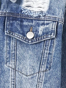 Teen Girls Y2K Matrix Fashion Retro Snow Wash Distressed Denim Jacket, Casual Versatile Turn-Down Collar Asymmetrical Raw Hem Cropped Long Sleeve Blue - Light Wash - View 6