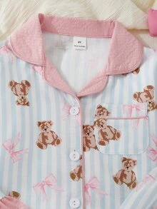 SHEIN 甜美風熊與條紋印花長袖開襟衫與長褲2件套，女童休閒舒適居家服 - 彩色 - 查看 7
