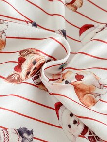 SHEIN Young Girl Autumn/Winter Pajamas 2pcs Christmas Button-Down Long Sleeve Pants Lapel Print Striped Baby Shower First Birthday White Fairy Princess - Red - View 5