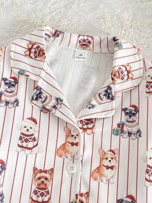 SHEIN Young Girl Autumn/Winter Pajamas 2pcs Christmas Button-Down Long Sleeve Pants Lapel Print Striped Baby Shower First Birthday White Fairy Princess - Red - View 4