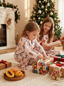 SHEIN Young Girl Autumn/Winter Pajamas 2pcs Christmas Button-Down Long Sleeve Pants Lapel Print Striped Baby Shower First Birthday White Fairy Princess - Red - View 3