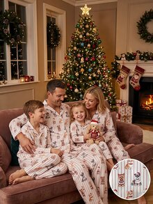 SHEIN Young Girl Autumn/Winter Pajamas 2pcs Christmas Button-Down Long Sleeve Pants Lapel Print Striped Baby Shower First Birthday White Fairy Princess - Red - View 8