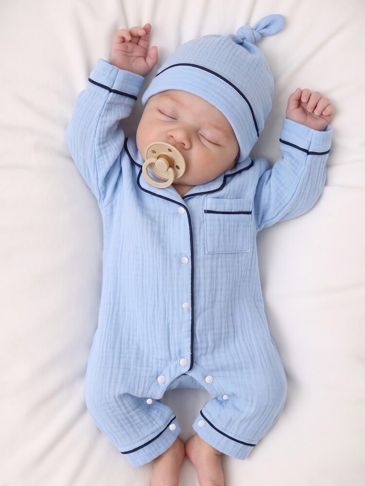 SHEIN Newborn Home Fall Autumn/Winter Jumpsuit Pajamas, Cotton Crinkle Fabric With Piping Trim Long Sleeve Lapel Striped Button Soft Cozy Cute Loungewear - Blue - View 3