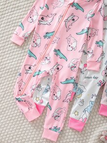 Random 5pcs/1pc Baby Girl Long Sleeve Long Pants Tight Bodysuit, Cute Rabbit Elephant Crocodile Animal Pattern Digital Print, Cartoon Cat Heart Star Flower, Simple Casual Comfortable Soft Home Wear Tight Pajamas - Multicolor - View 4