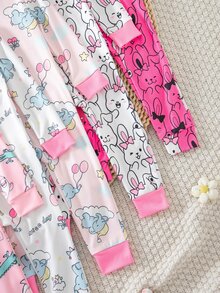 Random 5pcs/1pc Baby Girl Long Sleeve Long Pants Tight Bodysuit, Cute Rabbit Elephant Crocodile Animal Pattern Digital Print, Cartoon Cat Heart Star Flower, Simple Casual Comfortable Soft Home Wear Tight Pajamas - Multicolor - View 5