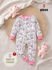 Random 5pcs/1pc Baby Girl Long Sleeve Long Pants Tight Bodysuit, Cute Rabbit Elephant Crocodile Animal Pattern Digital Print, Cartoon Cat Heart Star Flower, Simple Casual Comfortable Soft Home Wear Tight Pajamas - Multicolor - View 3