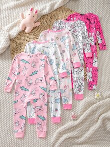 Random 5pcs/1pc Baby Girl Long Sleeve Long Pants Tight Bodysuit, Cute Rabbit Elephant Crocodile Animal Pattern Digital Print, Cartoon Cat Heart Star Flower, Simple Casual Comfortable Soft Home Wear Tight Pajamas - Multicolor - View 2