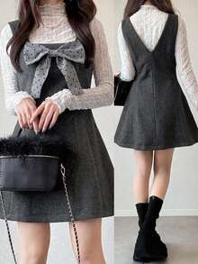 FRIFUL Women's Vintage Collegiate Bow Decor Pleated Dress - Grey - View 1