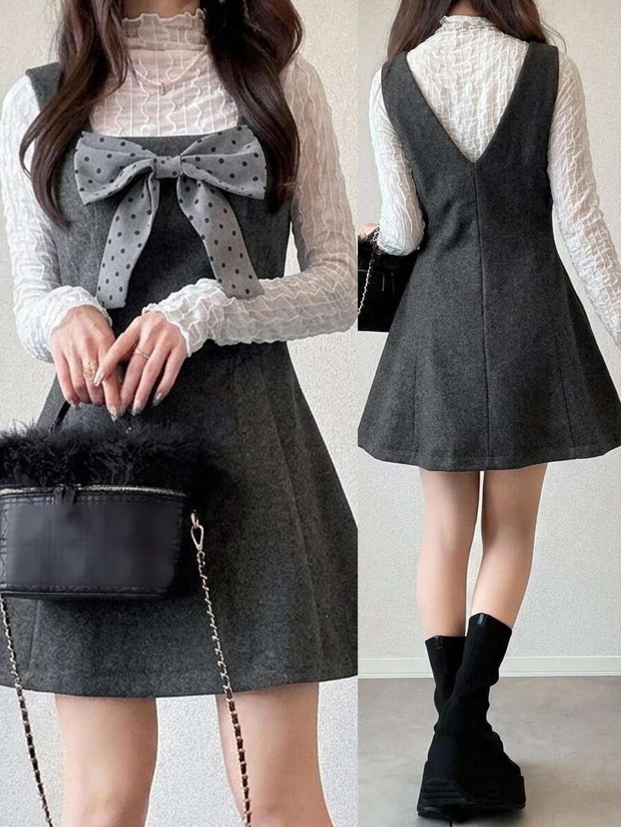 FRIFUL Women's Vintage Collegiate Bow Decor Pleated Dress - Grey - View 1