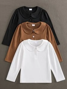 女童白色3件組長袖 Polo 衫套裝，彼得潘領搭配精緻愛心鈕扣，基本純色修身 T-shirt，適合返校季 - 彩色 - 查看 6