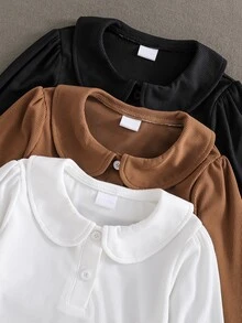 女童白色3件組長袖 Polo 衫套裝，彼得潘領搭配精緻愛心鈕扣，基本純色修身 T-shirt，適合返校季 - 彩色 - 查看 4