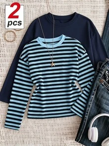 Tween Girl Simple Versatile Long Sleeve T-Shirt 2pcs Set For Daily Wear - Blue - View 1