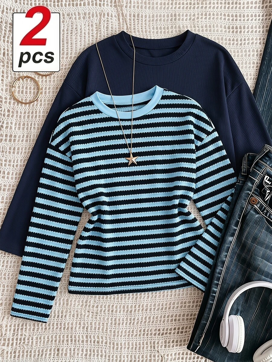 Tween Girl Simple Versatile Long Sleeve T-Shirt 2pcs Set For Daily Wear - Blue - View 1