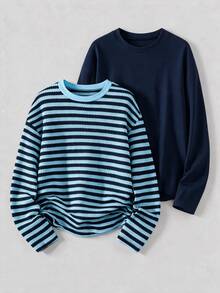 Tween Girl Simple Versatile Long Sleeve T-Shirt 2pcs Set For Daily Wear - Blue - View 8