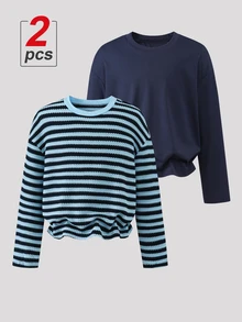 Tween Girl Simple Versatile Long Sleeve T-Shirt 2pcs Set For Daily Wear - Blue - View 6