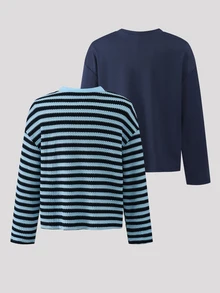Tween Girl Simple Versatile Long Sleeve T-Shirt 2pcs Set For Daily Wear - Blue - View 2