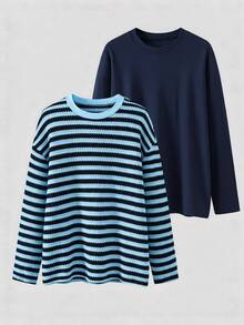 Tween Girl Simple Versatile Long Sleeve T-Shirt 2pcs Set For Daily Wear - Blue - View 5