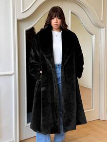 GalTyme Plus Size Women's Solid Color Fashion Versatile Winter Faux Fur Coat - Black - View 7