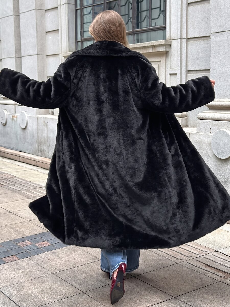 GalTyme Mantel Bulu Imitasi Musim Dingin Serbaguna Berwarna Polos untuk Wanita Ukuran Besar - Hitam - View 1